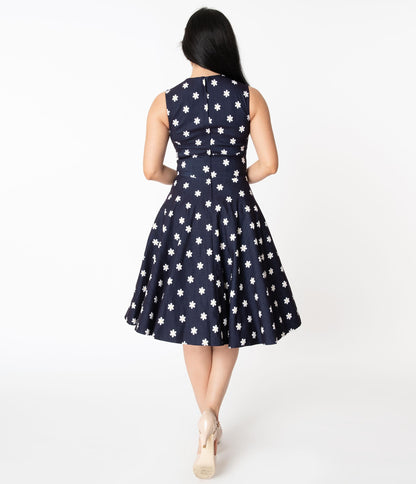 Unique Vintage Denim & Daisy Print Sleeveless Delores Swing Dress