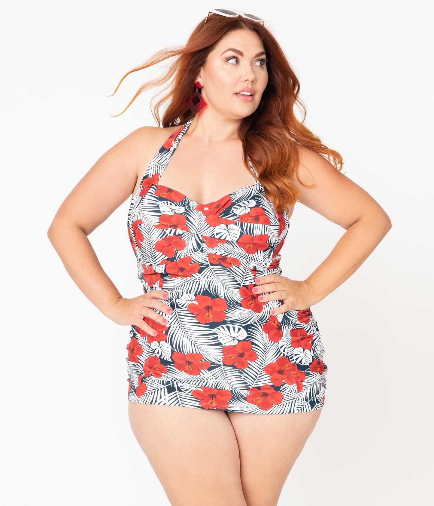 Unique Vintage Plus Size Tropical Print & Red Hibiscus Corinne Halter Sheath Swimsuit