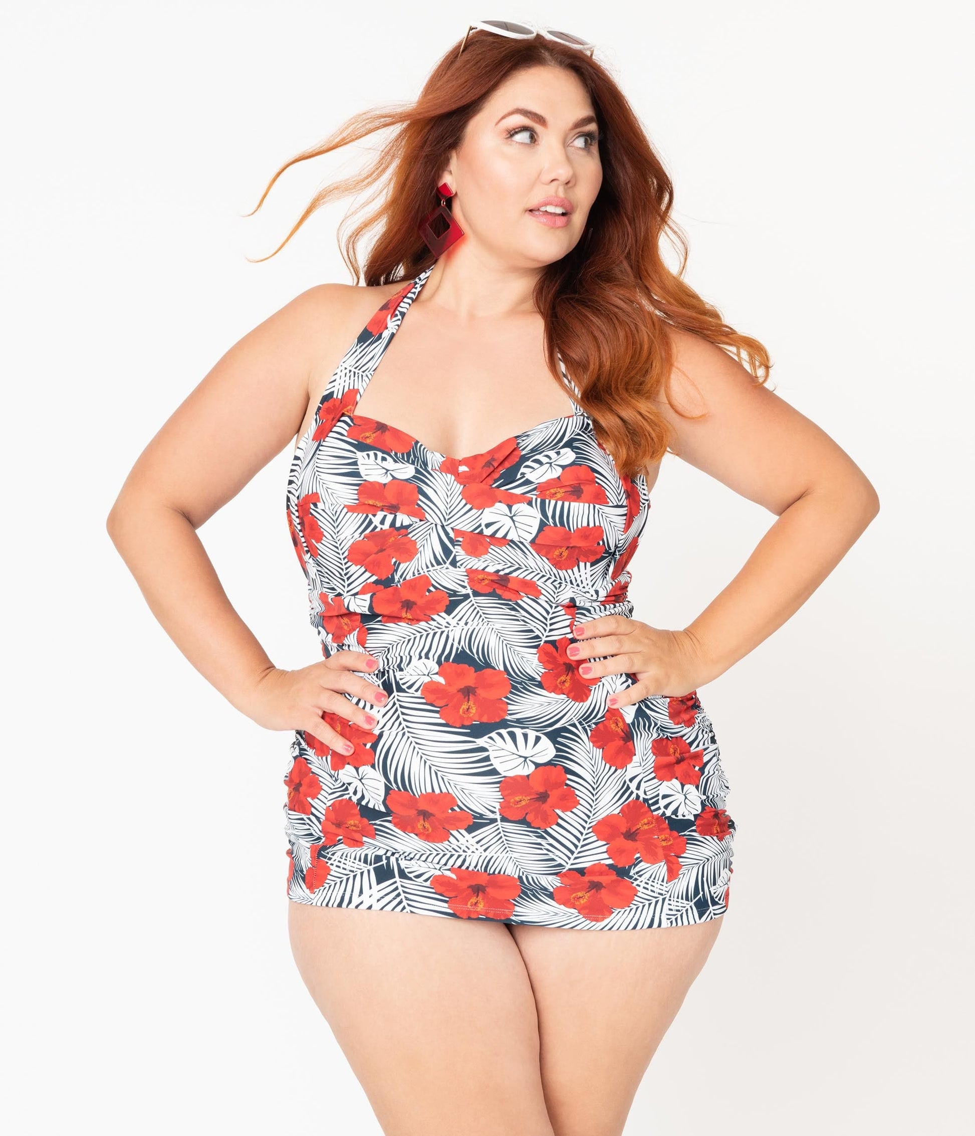 Unique Vintage Plus Size Tropical Print & Red Hibiscus Corinne Halter Sheath Swimsuit