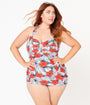 Unique Vintage Plus Size Tropical Print & Red Hibiscus Corinne Halter Sheath Swimsuit