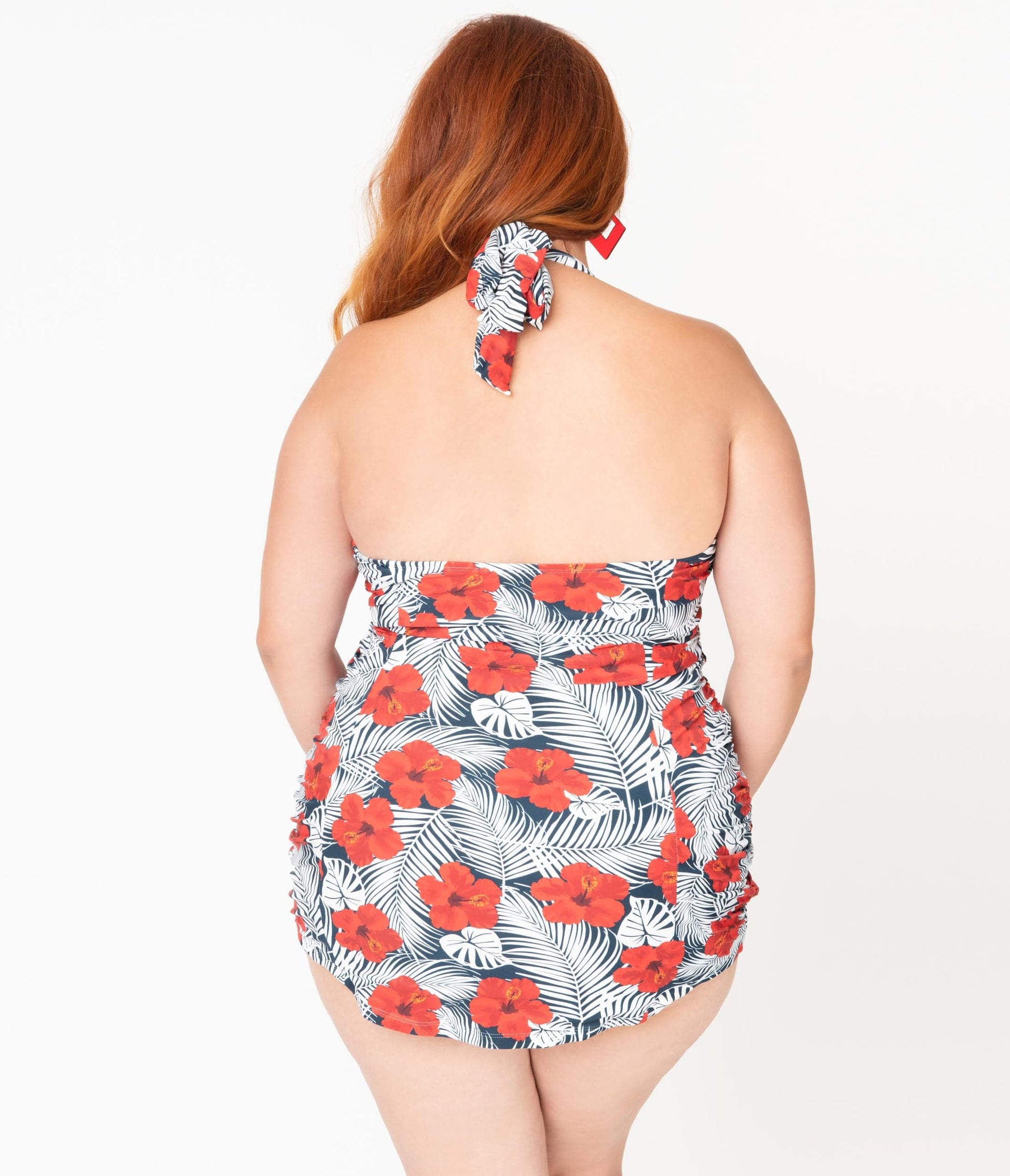 Unique Vintage Plus Size Tropical Print & Red Hibiscus Corinne Halter Sheath Swimsuit