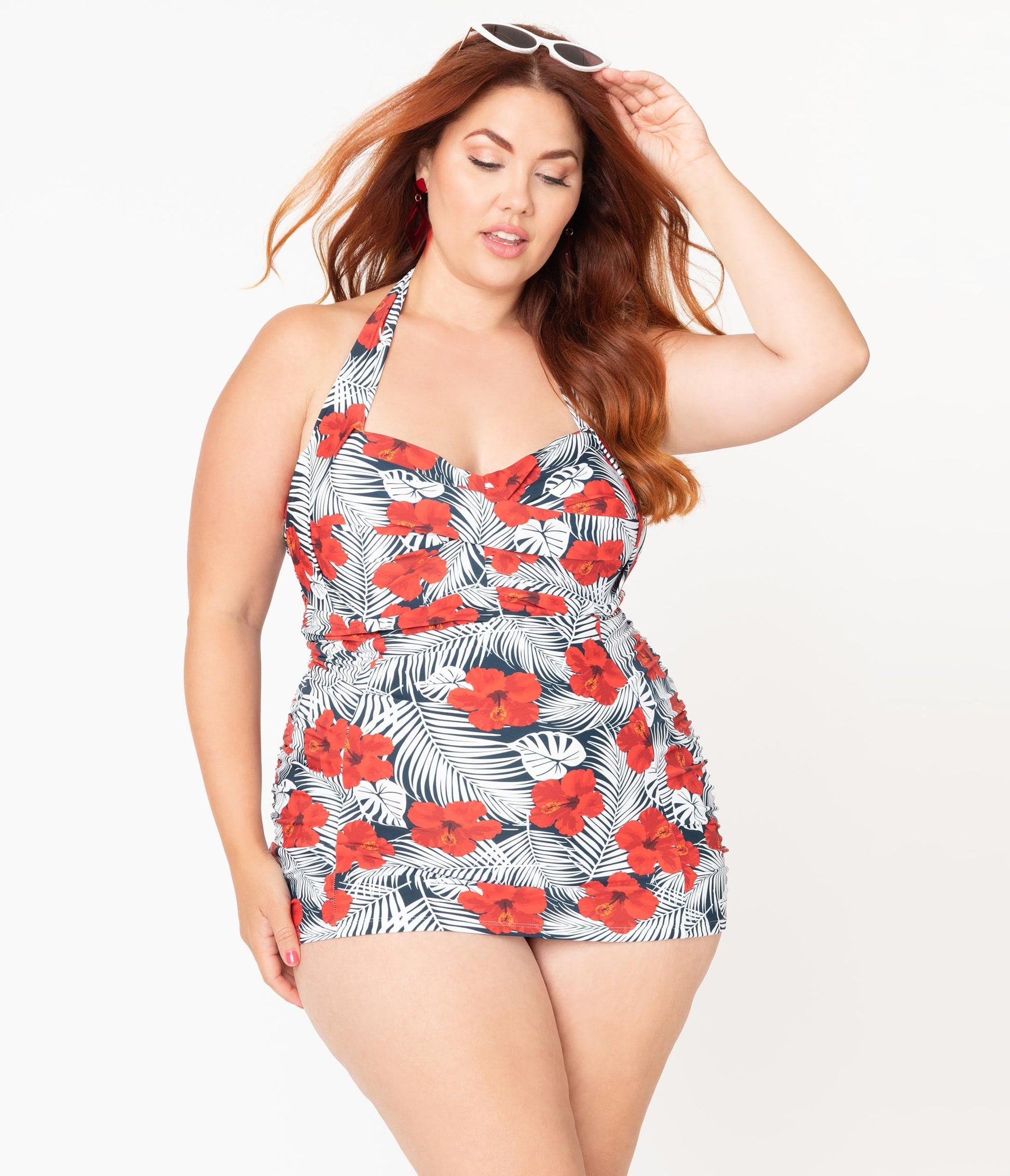 Unique Vintage Plus Size Tropical Print & Red Hibiscus Corinne Halter Sheath Swimsuit