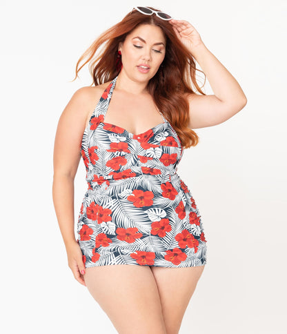 Unique Vintage Plus Size Tropical Print & Red Hibiscus Corinne Halter Sheath Swimsuit