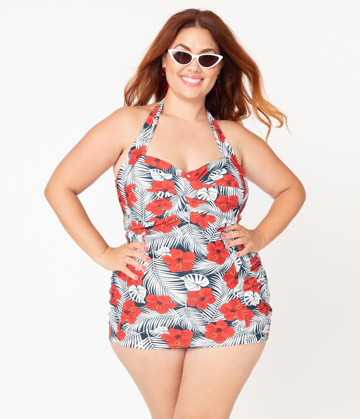 Unique Vintage Plus Size Tropical Print & Red Hibiscus Corinne Halter Sheath Swimsuit