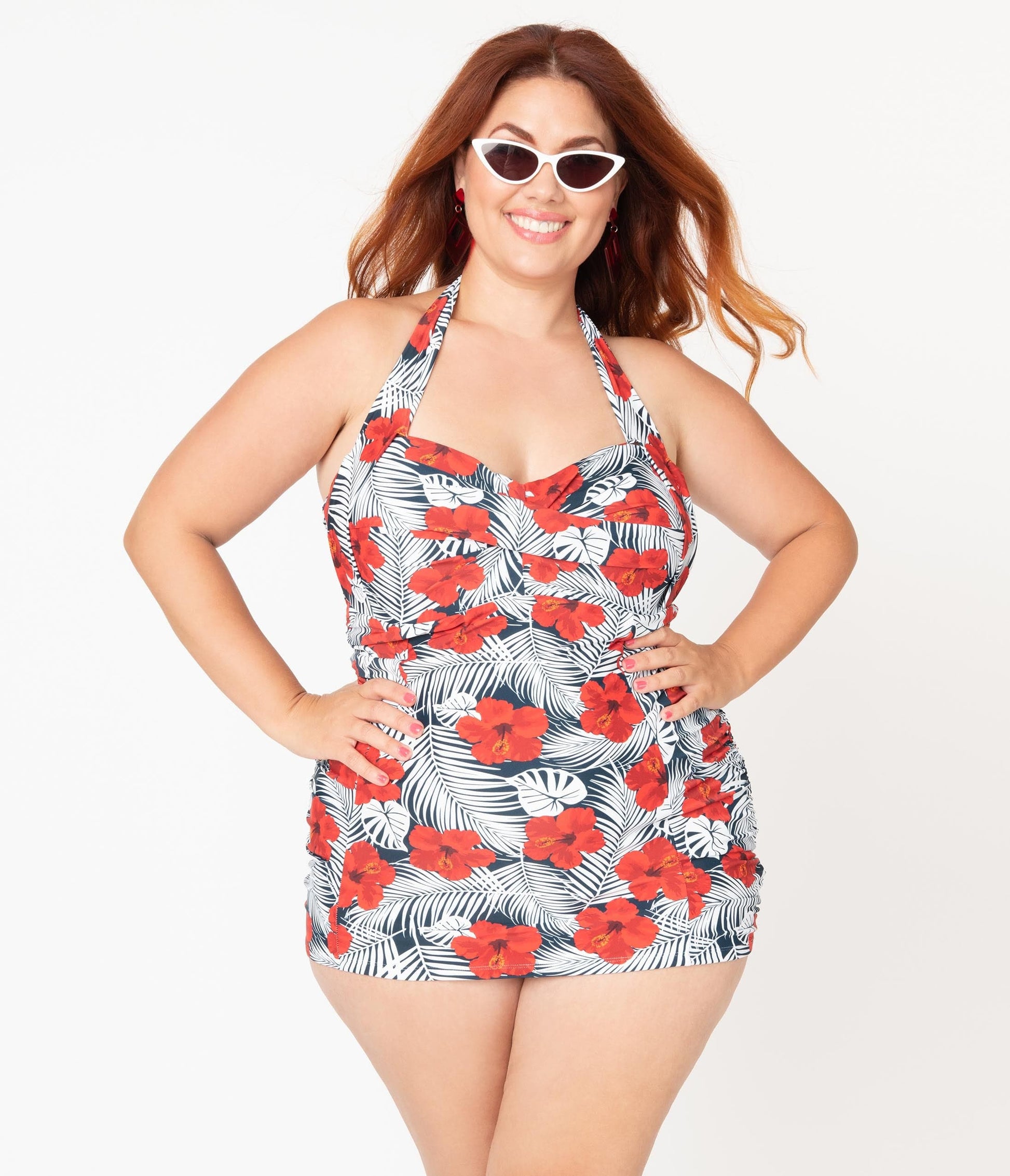 Unique Vintage Plus Size Tropical Print & Red Hibiscus Corinne Halter Sheath Swimsuit