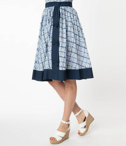 Unique Vintage Blue Plaid & Floral Print Rye Swing Skirt