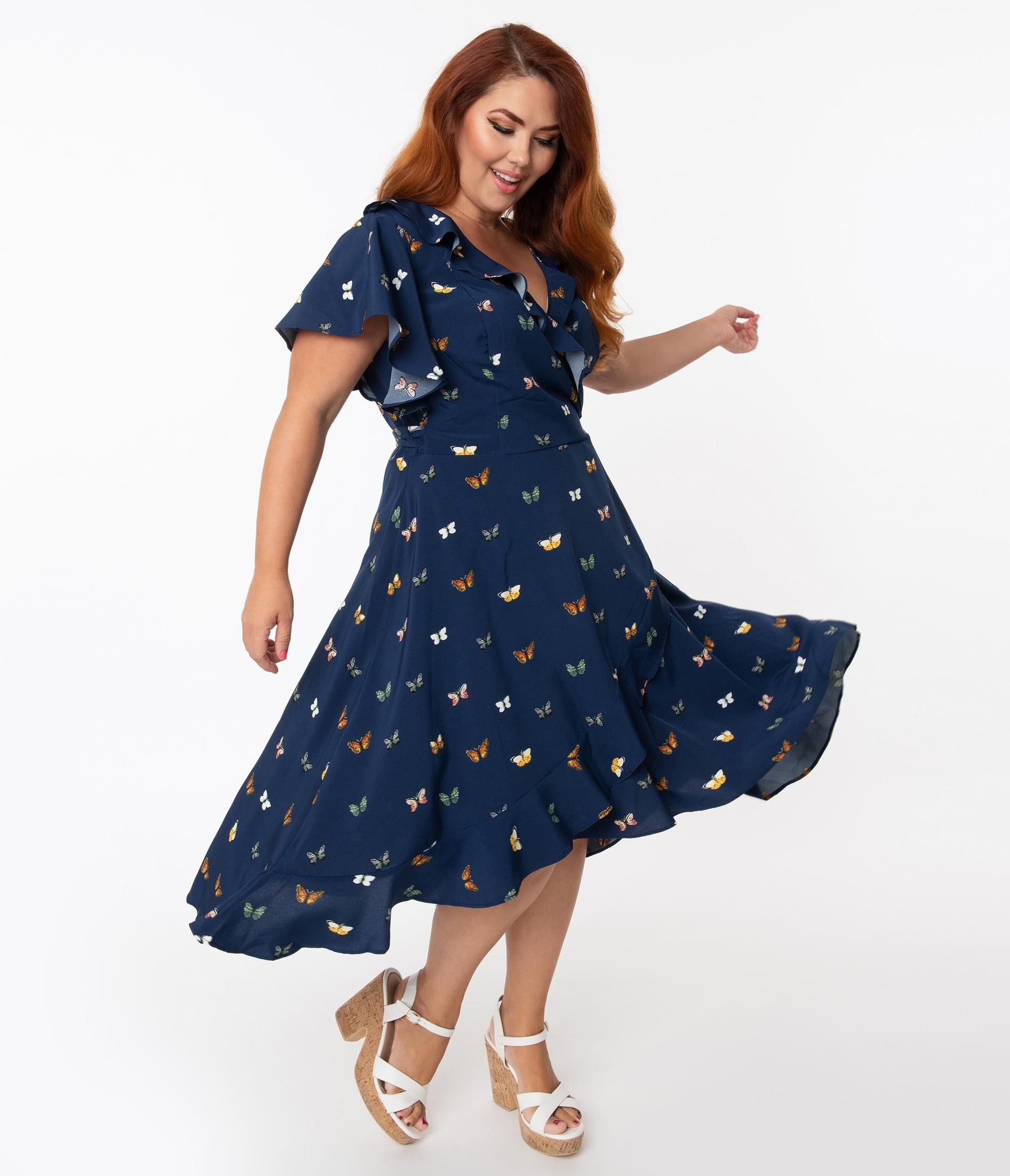 Unique Vintage Plus Size 1940s Navy & Butterfly Print Luella Wrap Dress