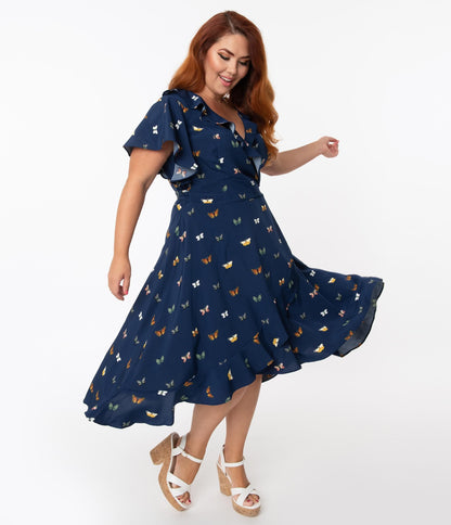 Unique Vintage Plus Size 1940s Navy & Butterfly Print Luella Wrap Dress