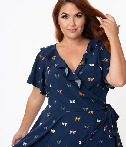 Unique Vintage Plus Size 1940s Navy & Butterfly Print Luella Wrap Dress