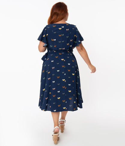Unique Vintage Plus Size 1940s Navy & Butterfly Print Luella Wrap Dress