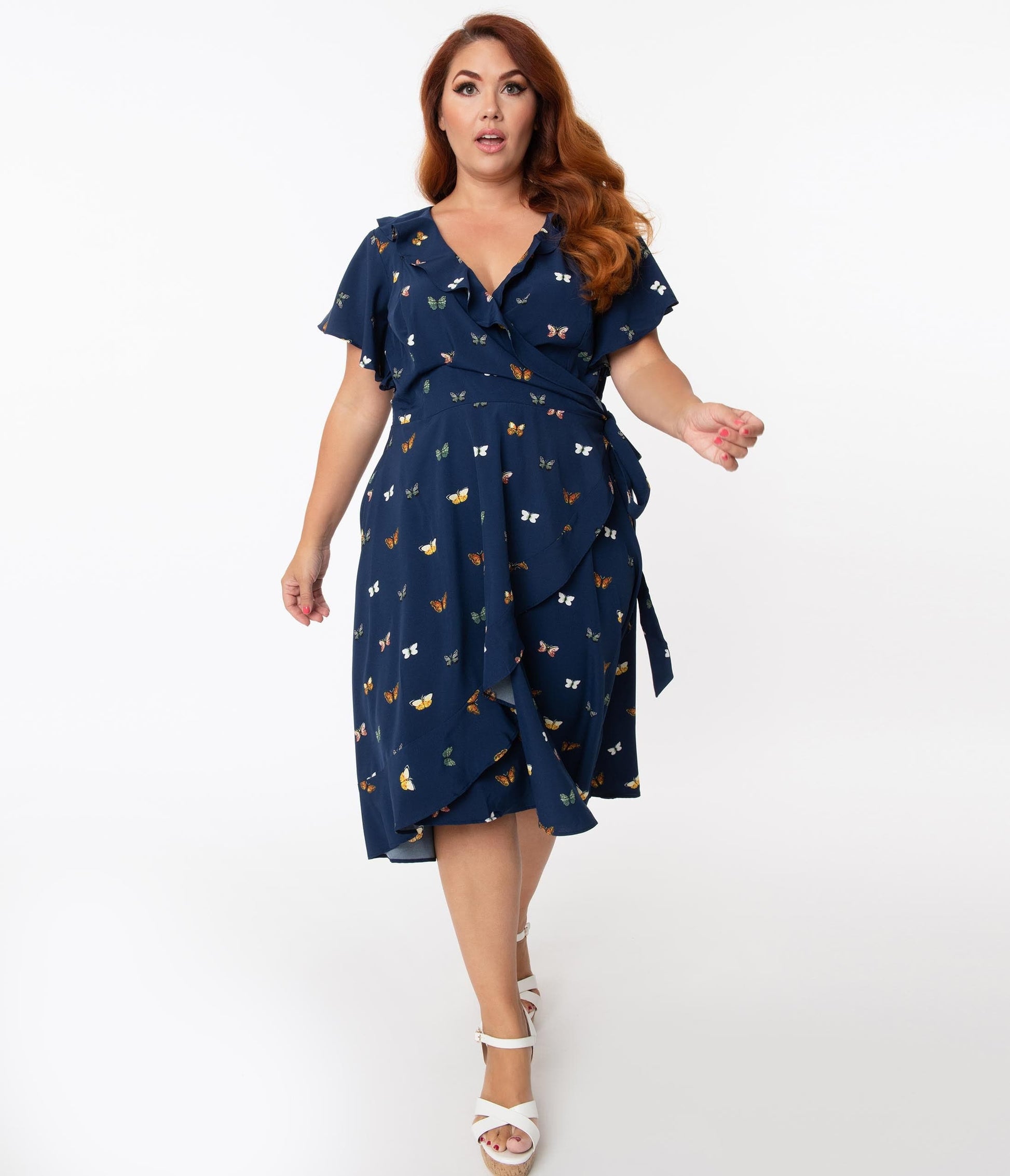 Unique Vintage Plus Size 1940s Navy & Butterfly Print Luella Wrap Dress