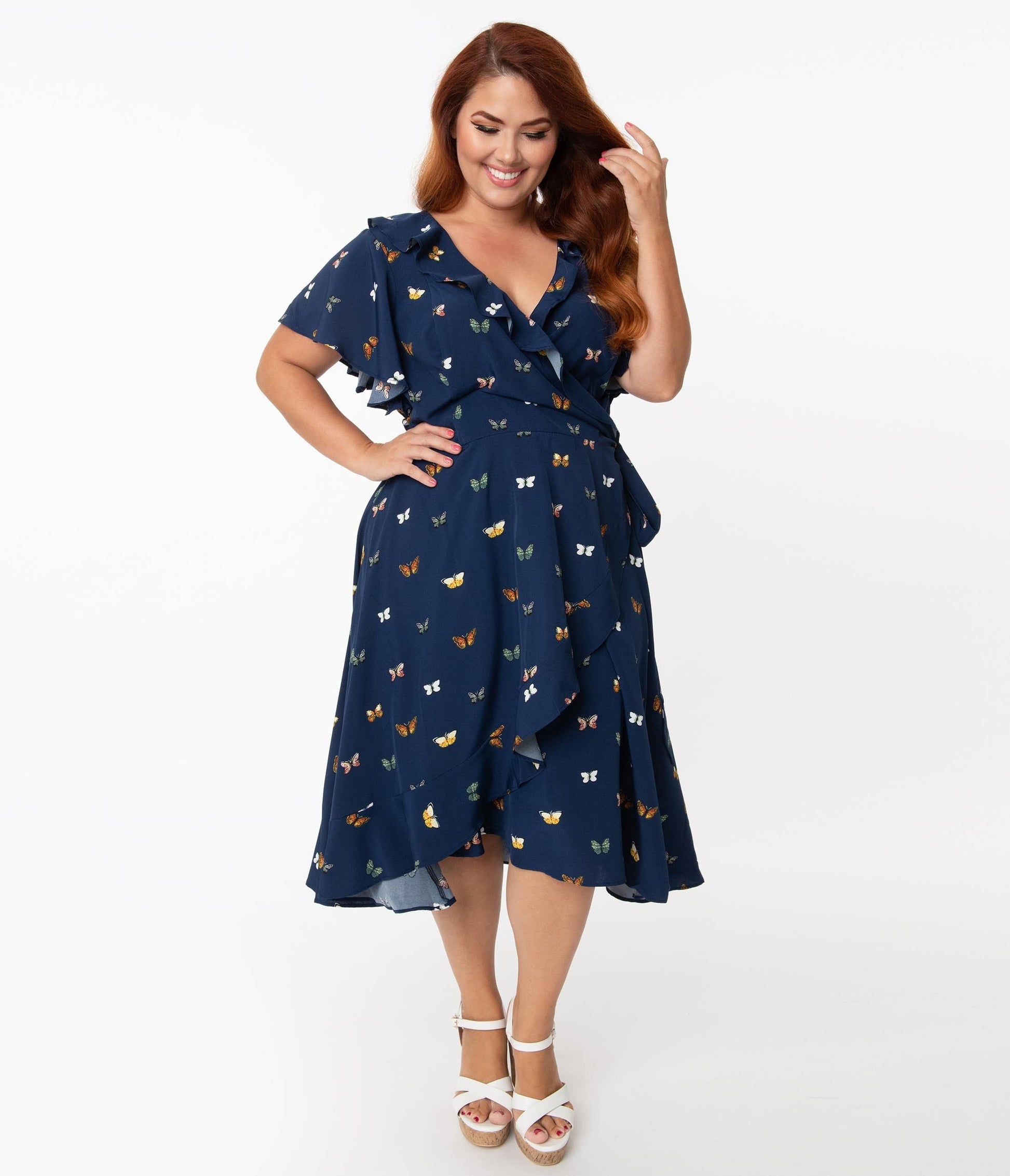 Unique Vintage Plus Size 1940s Navy & Butterfly Print Luella Wrap Dress