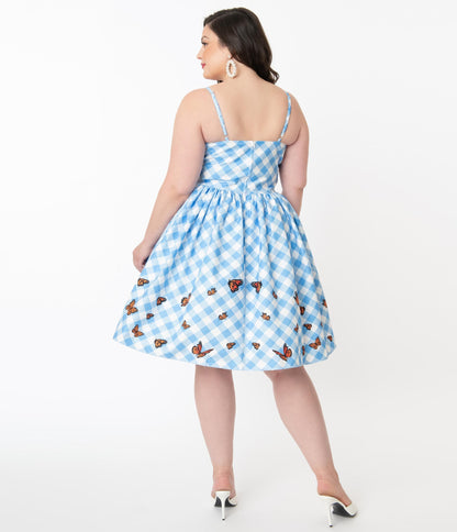 Unique Vintage Plus Size Blue Gingham & Butterfly Darcy Swing Dress