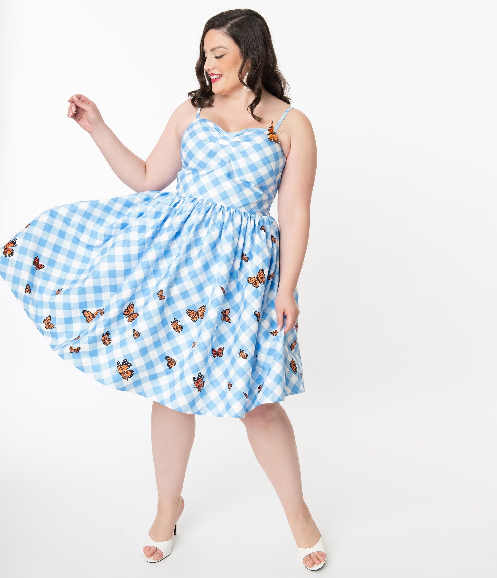 Unique Vintage Plus Size Blue Gingham & Butterfly Darcy Swing Dress