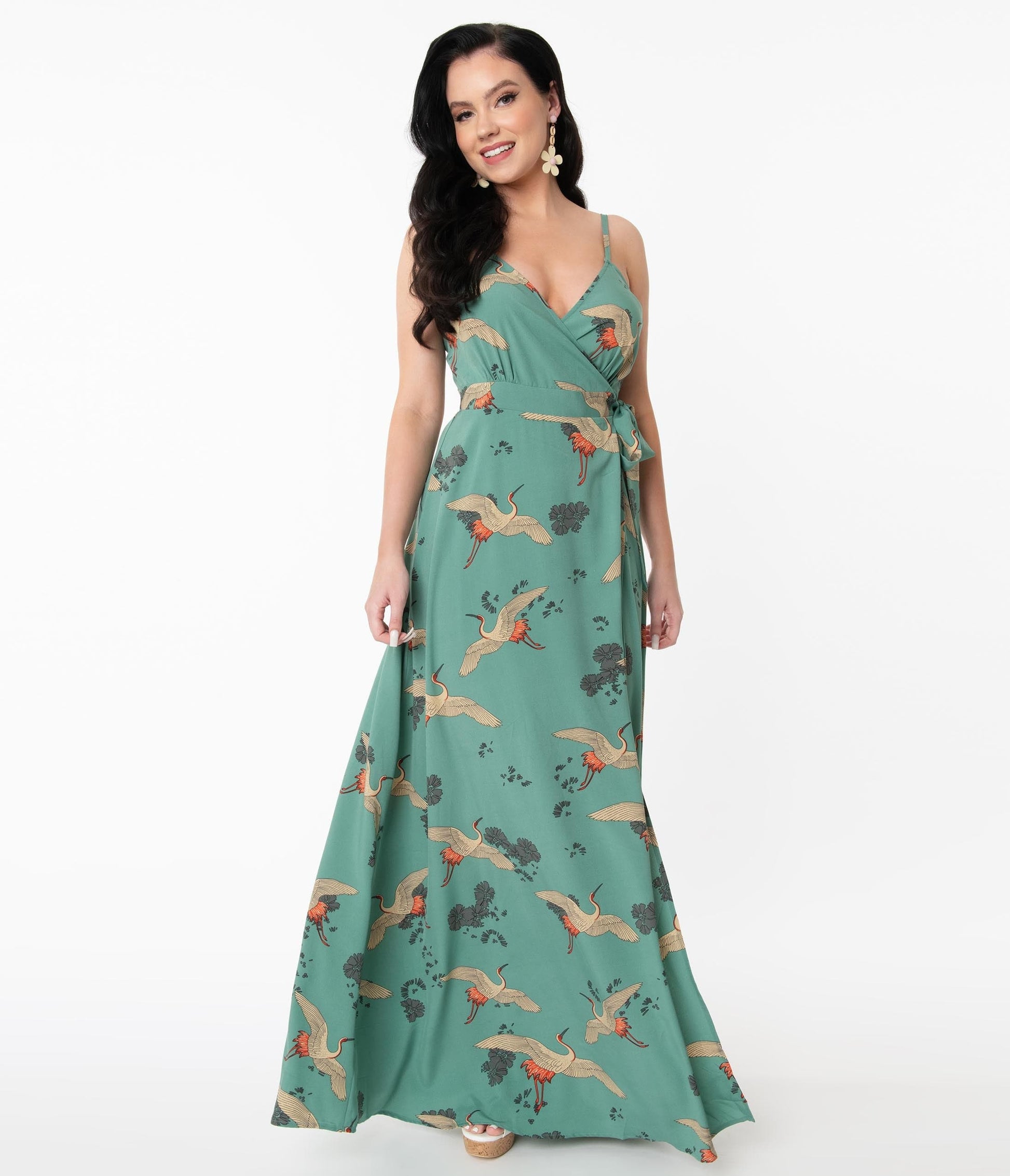 Unique Vintage Teal & Crane Print Caddie Wrap Maxi Dress