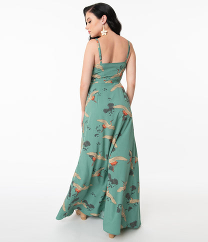 Unique Vintage Teal & Crane Print Caddie Wrap Maxi Dress