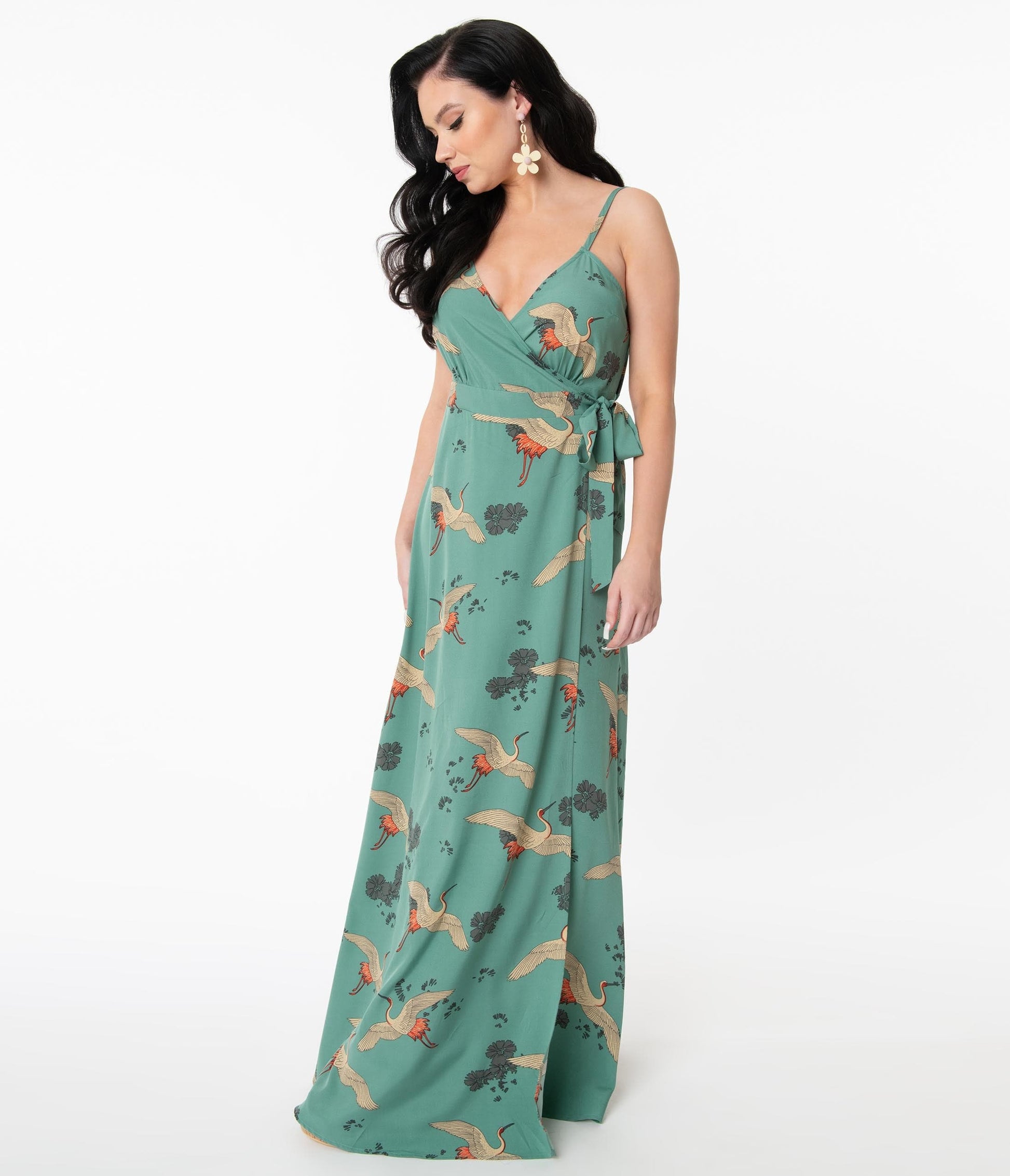 Unique Vintage Teal & Crane Print Caddie Wrap Maxi Dress