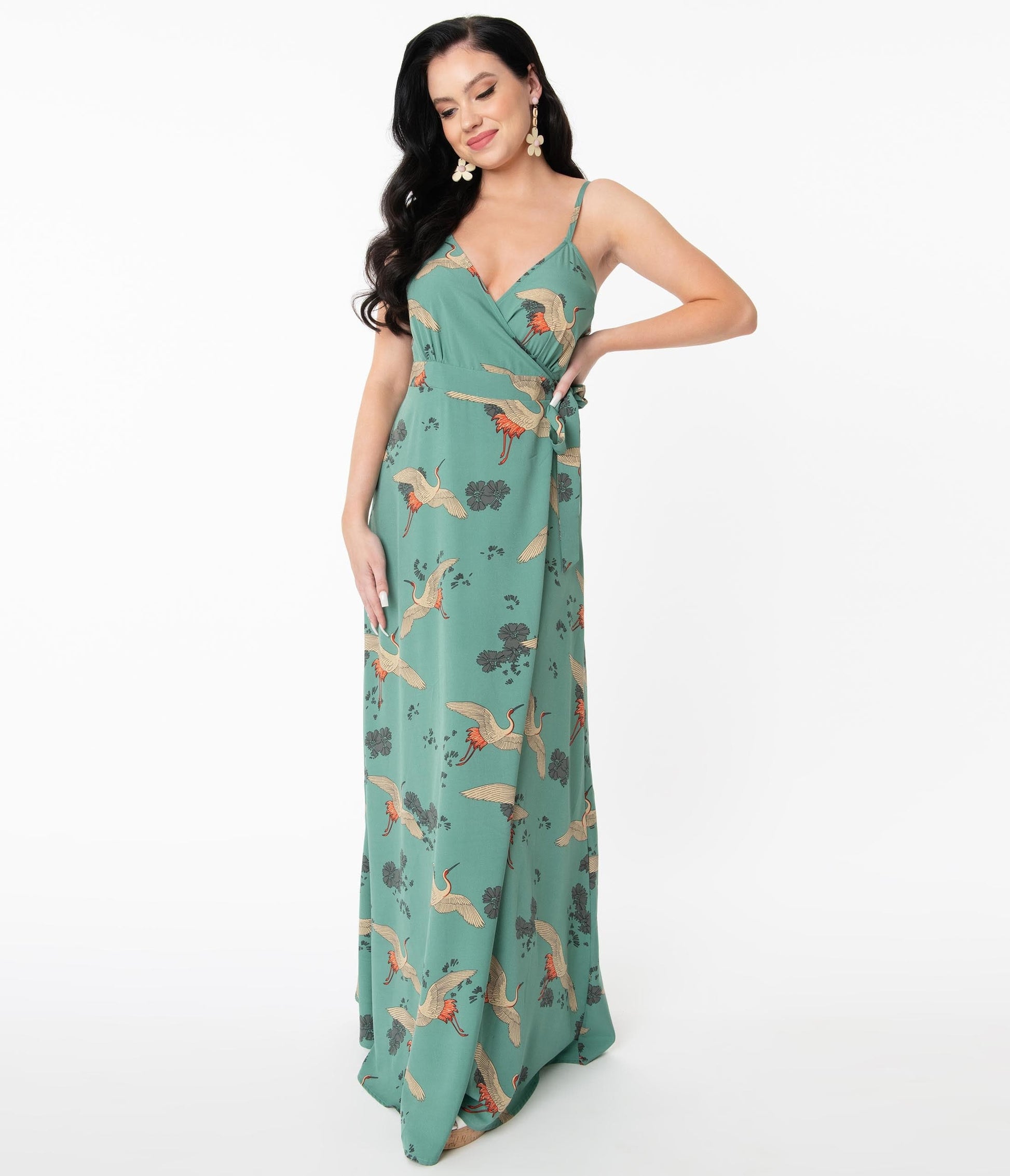 Unique Vintage Teal & Crane Print Caddie Wrap Maxi Dress