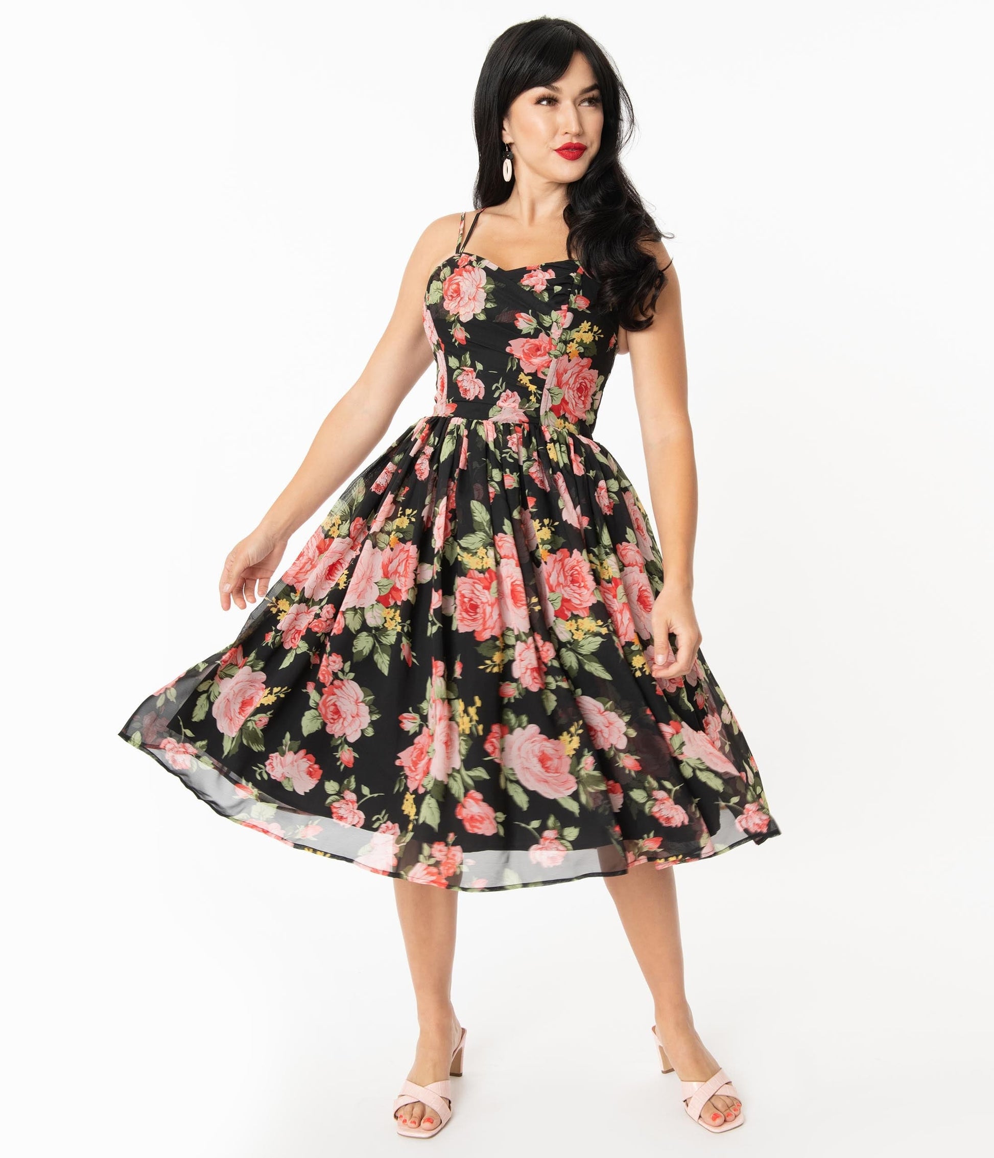 Unique Vintage Black & Pink Floral Reed Swing Dress