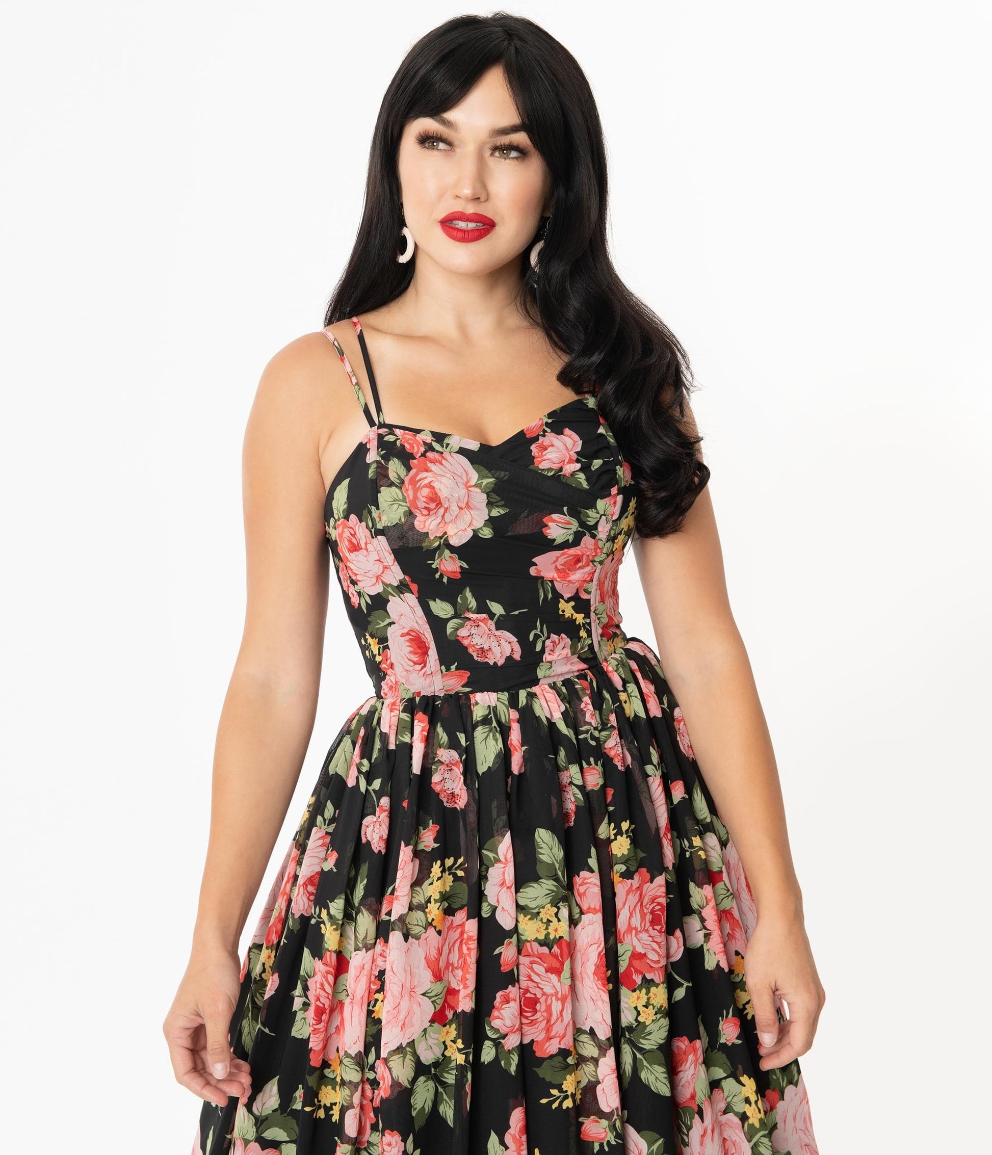 Unique Vintage Black & Pink Floral Reed Swing Dress