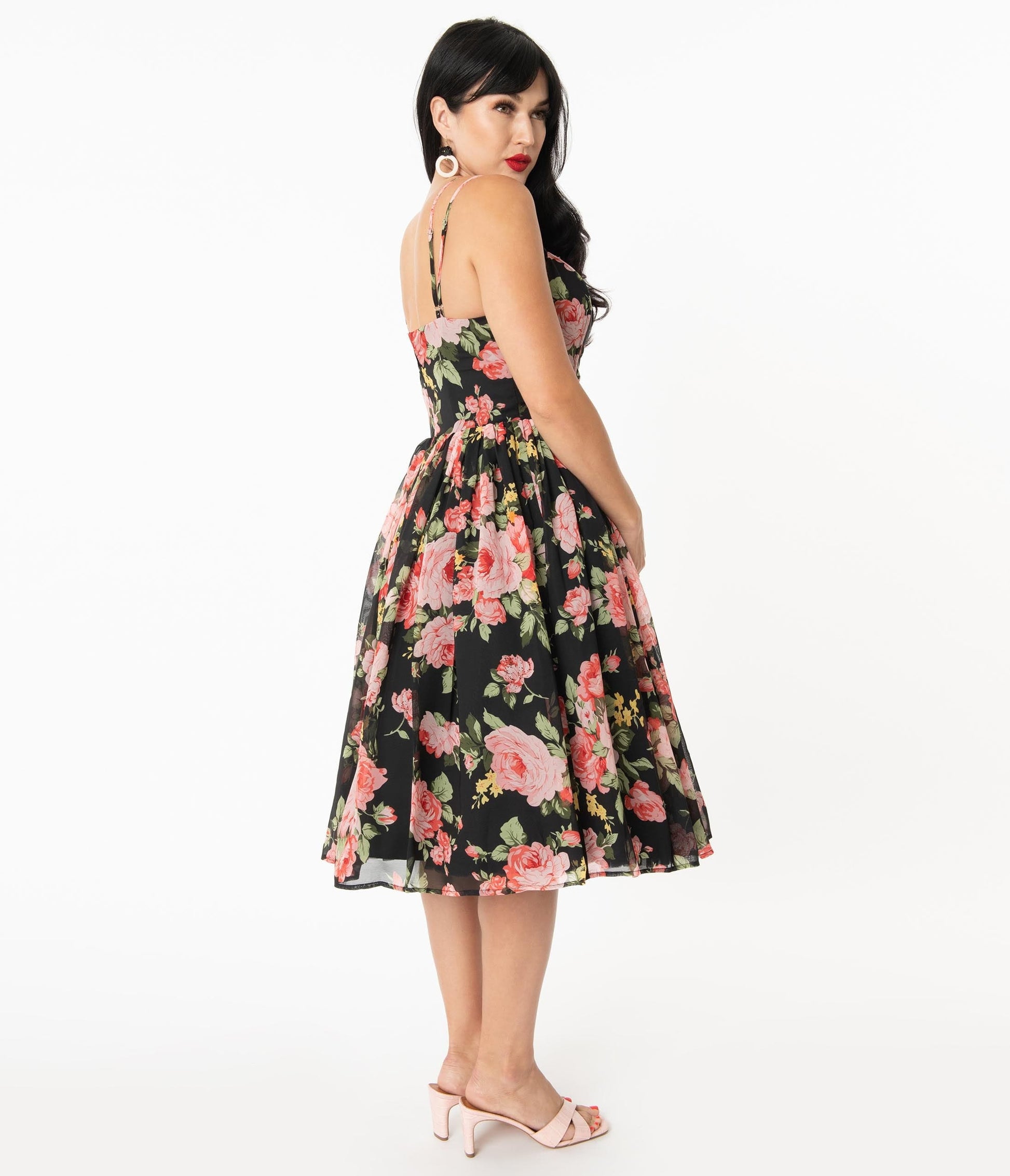 Unique Vintage Black & Pink Floral Reed Swing Dress