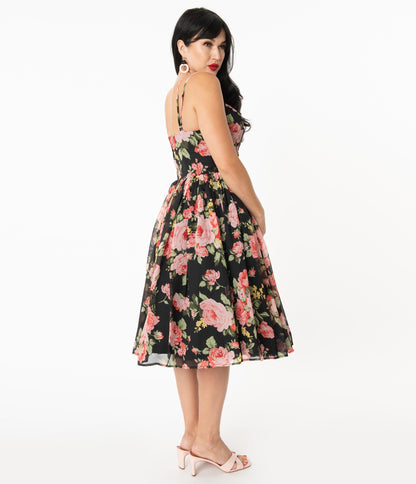 Unique Vintage Black & Pink Floral Reed Swing Dress