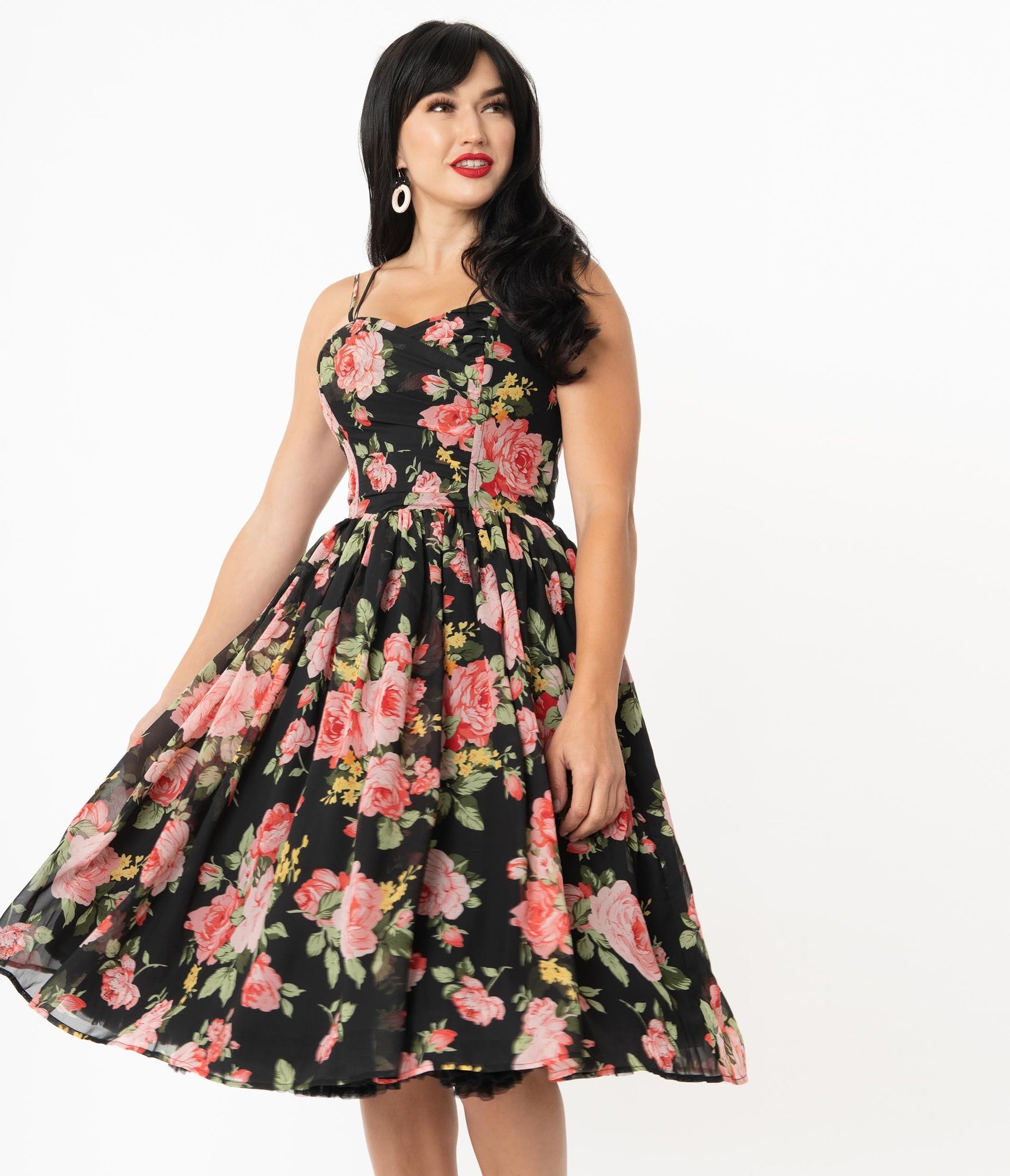 Unique Vintage Black & Pink Floral Reed Swing Dress