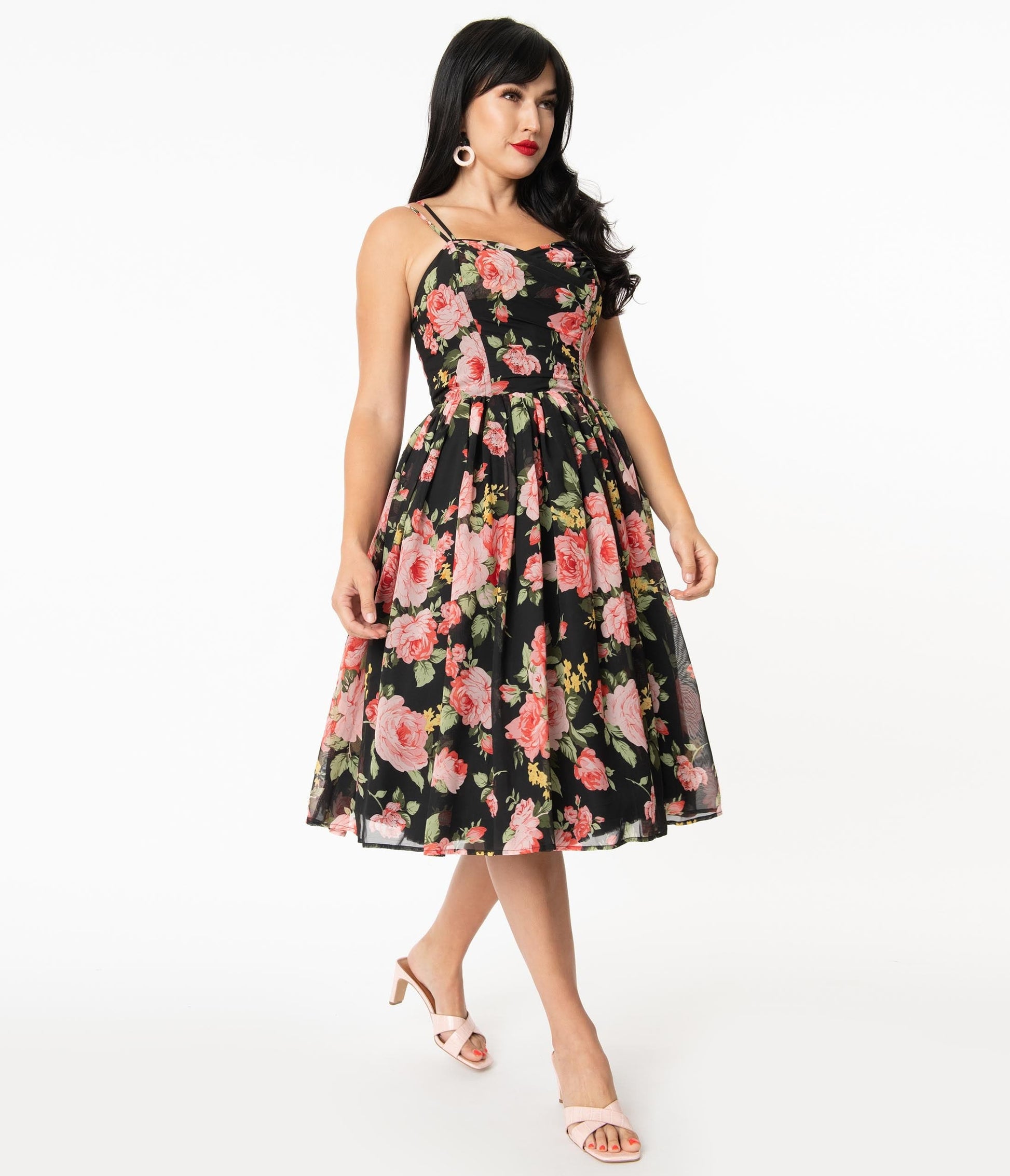 Unique Vintage Black & Pink Floral Reed Swing Dress