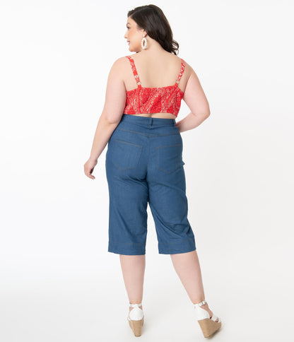 Unique Vintage Plus Size Denim Blue Chisholm Culottes