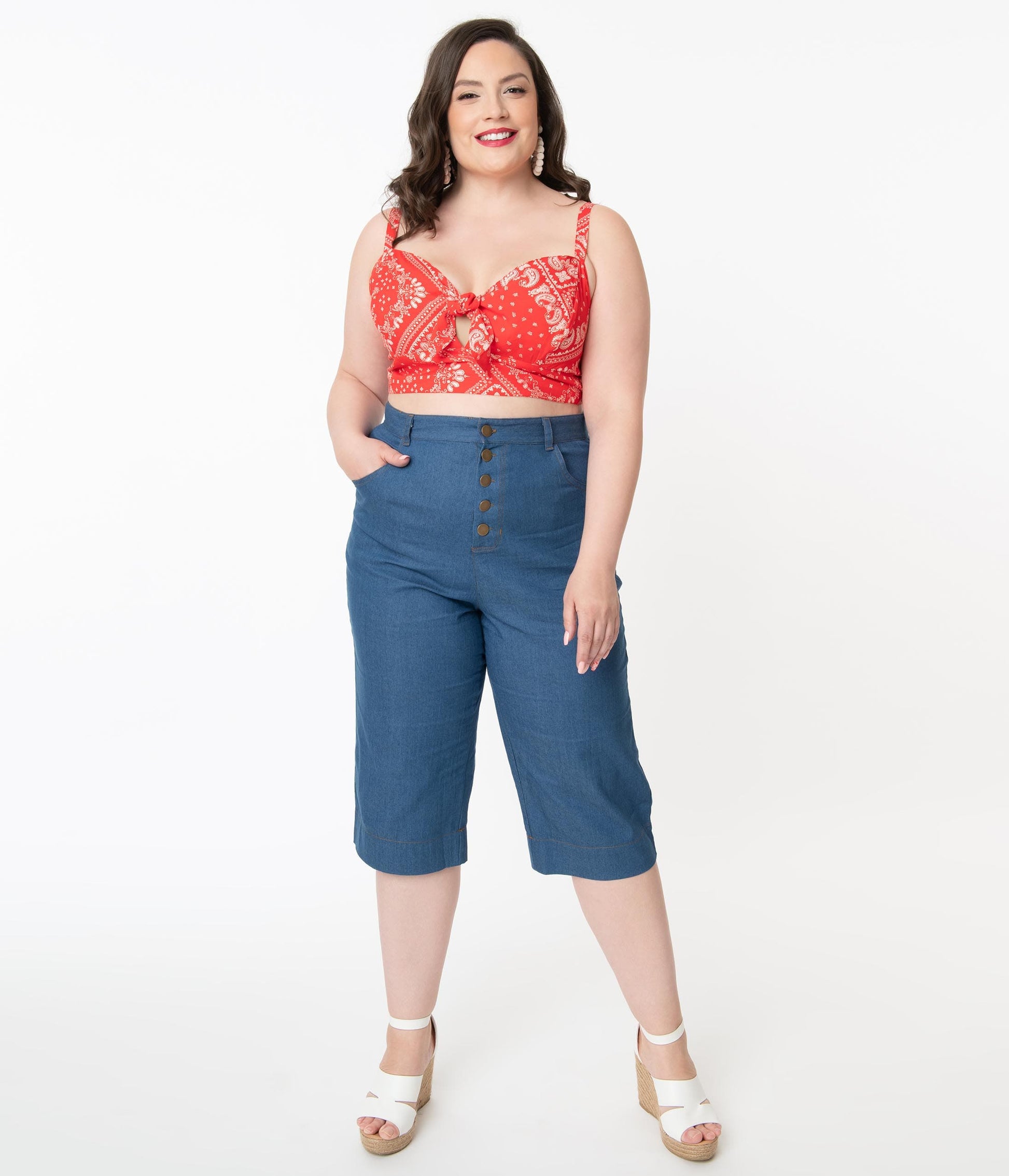 Unique Vintage Plus Size Denim Blue Chisholm Culottes