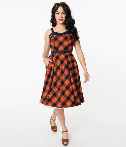 1950s Unique Vintage Orange & Dark Navy Plaid Rachel Swing Dress