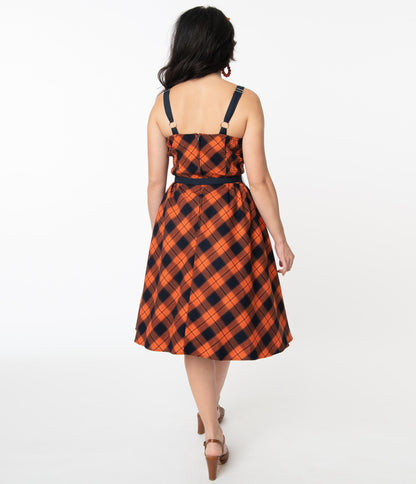 1950s Unique Vintage Orange & Dark Navy Plaid Rachel Swing Dress