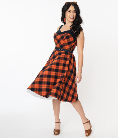 1950s Unique Vintage Orange & Dark Navy Plaid Rachel Swing Dress