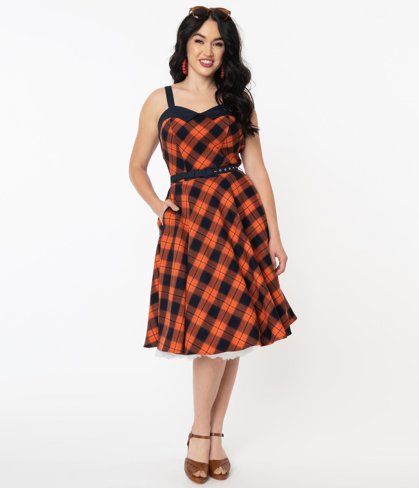 1950s Unique Vintage Orange & Dark Navy Plaid Rachel Swing Dress