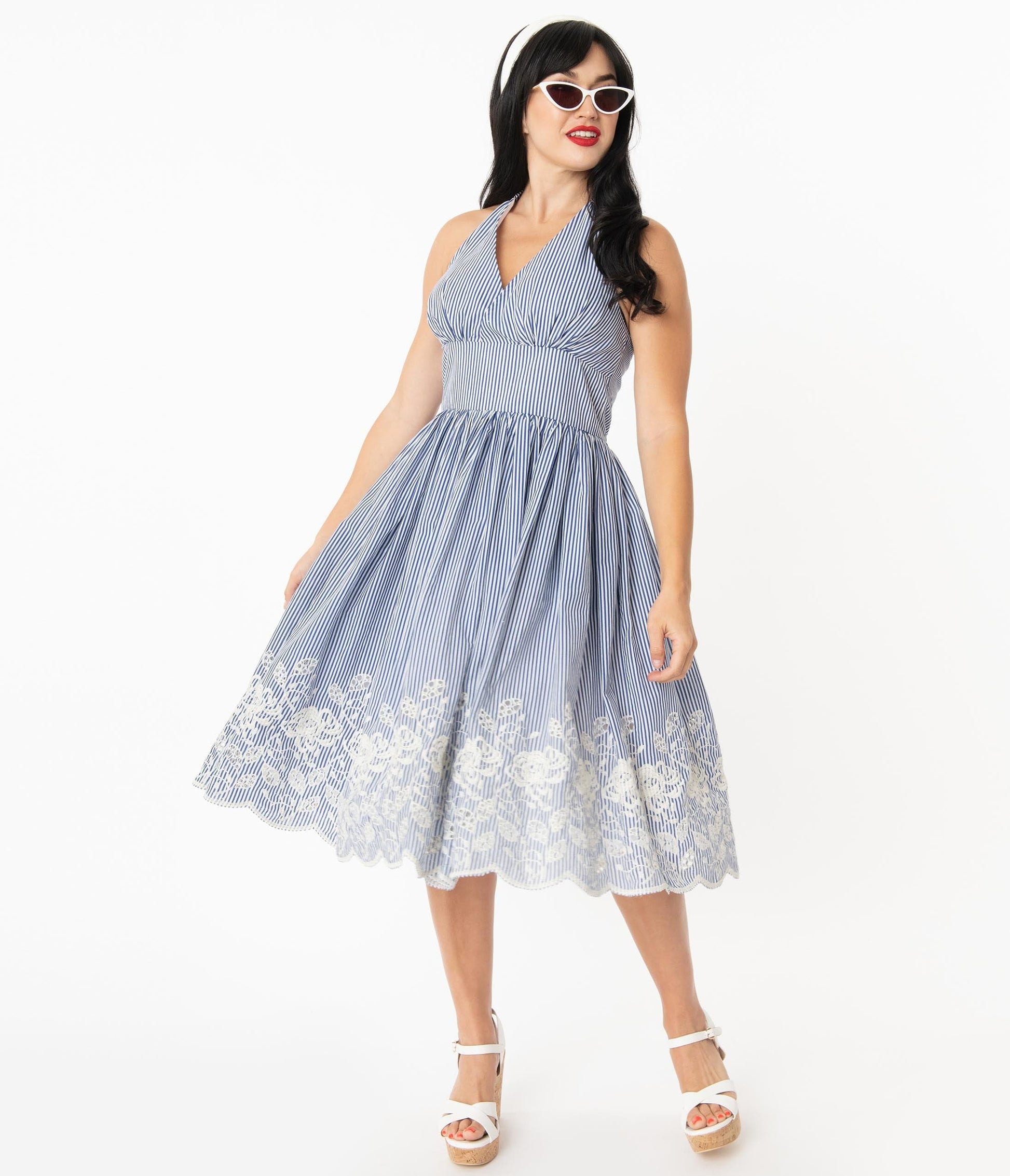 Unique Vintage Blue & White Stripe Eyelet Border Donna Dress