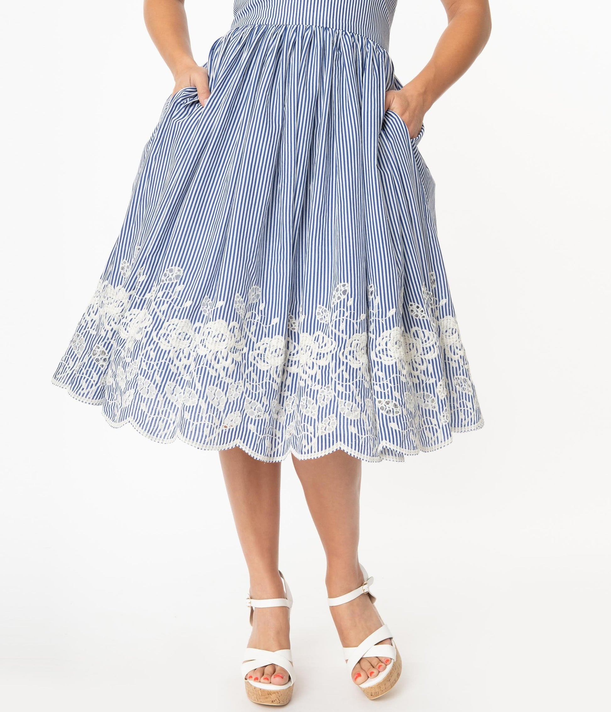 Unique Vintage Blue & White Stripe Eyelet Border Donna Dress