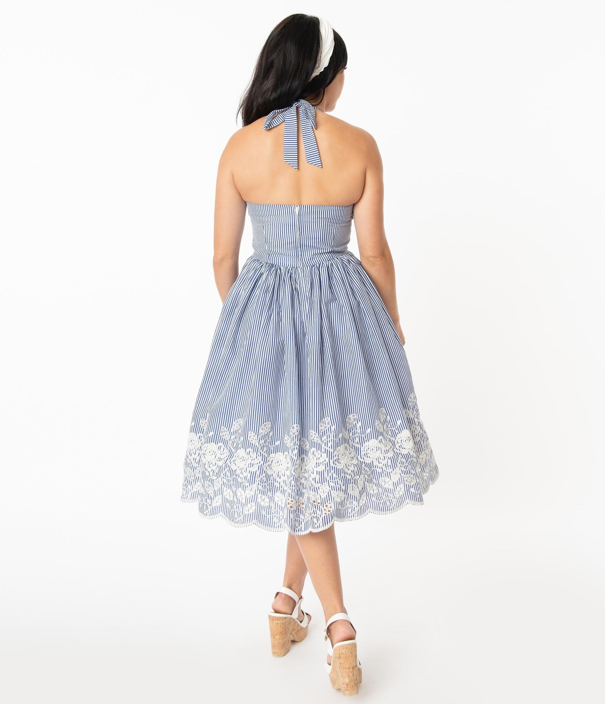 Unique Vintage Blue & White Stripe Eyelet Border Donna Dress