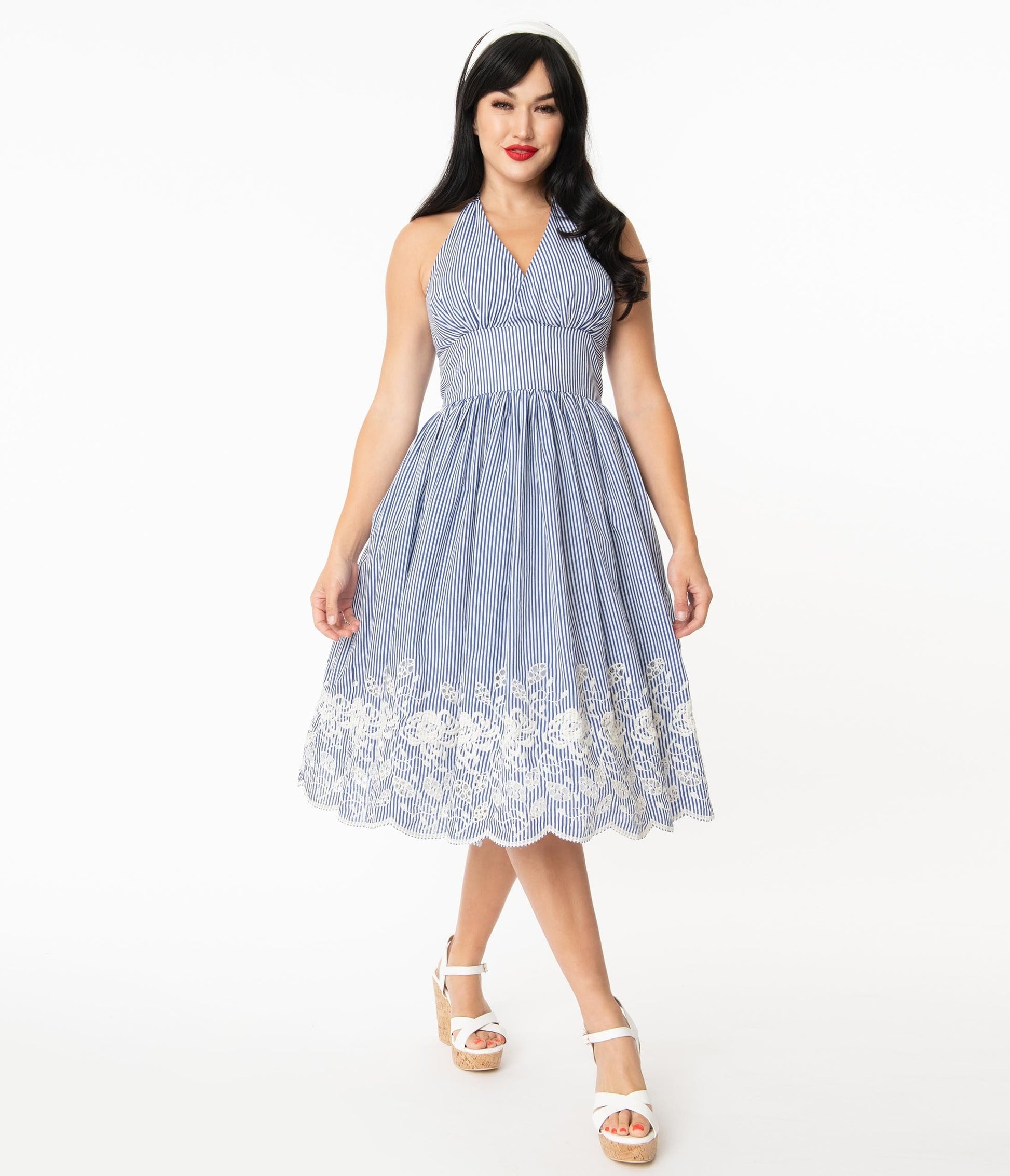 Unique Vintage Blue & White Stripe Eyelet Border Donna Dress