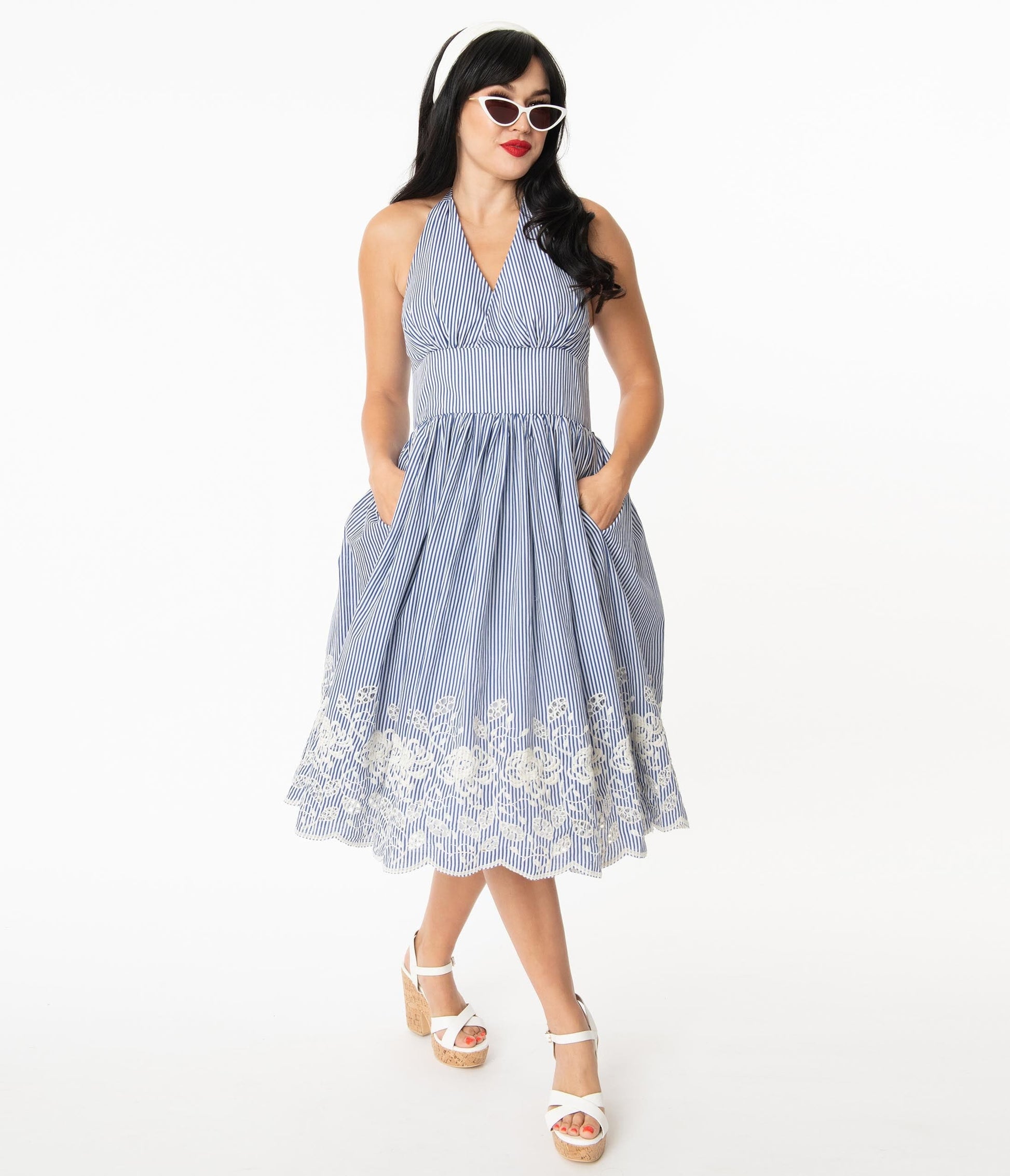 Unique Vintage Blue & White Stripe Eyelet Border Donna Dress