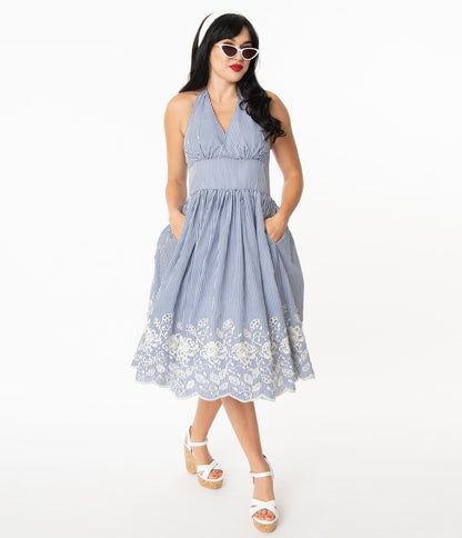 Unique Vintage Blue & White Stripe Eyelet Border Donna Dress