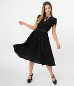Unique Vintage Black & Ivory Star Print Dahlia Swing Dress