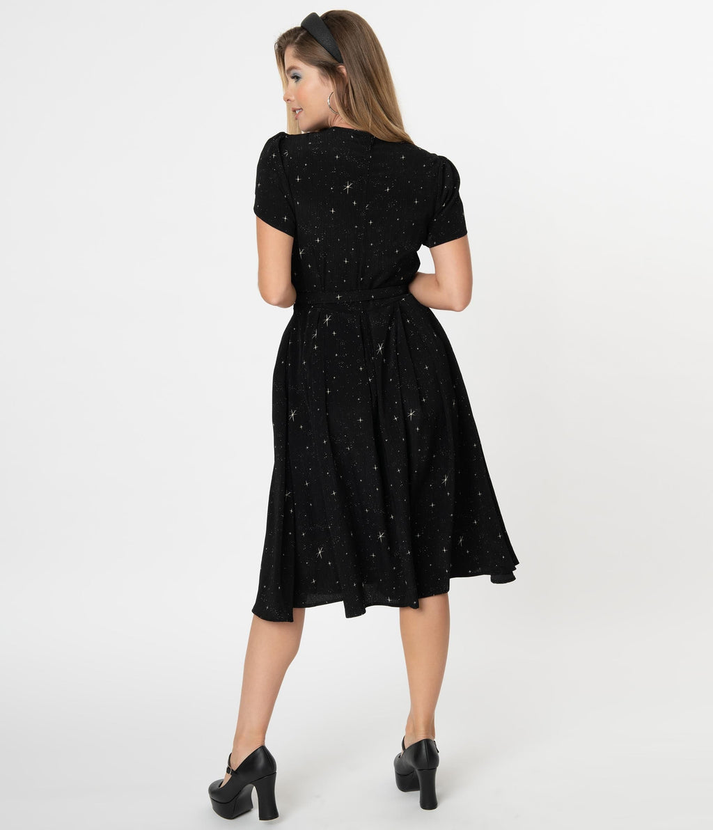 Unique Vintage Black & Ivory Star Print Dahlia Swing Dress