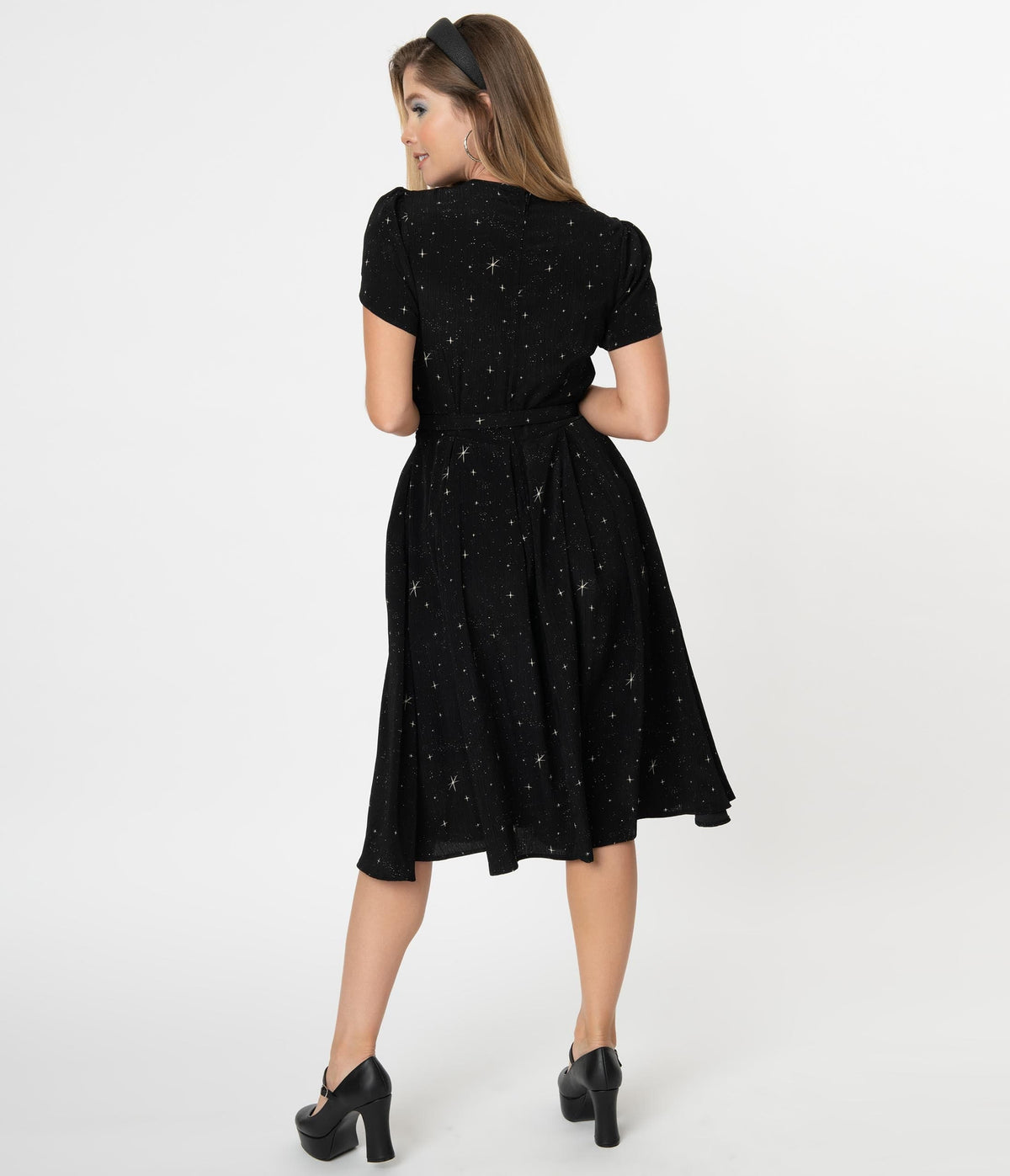Unique Vintage Black & Ivory Star Print Dahlia Swing Dress
