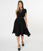 Unique Vintage Black & Ivory Star Print Dahlia Swing Dress