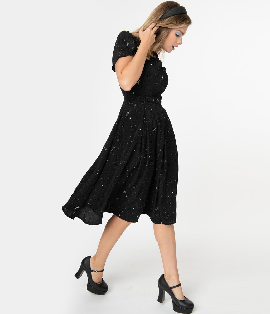 Unique Vintage Black & Ivory Star Print Dahlia Swing Dress