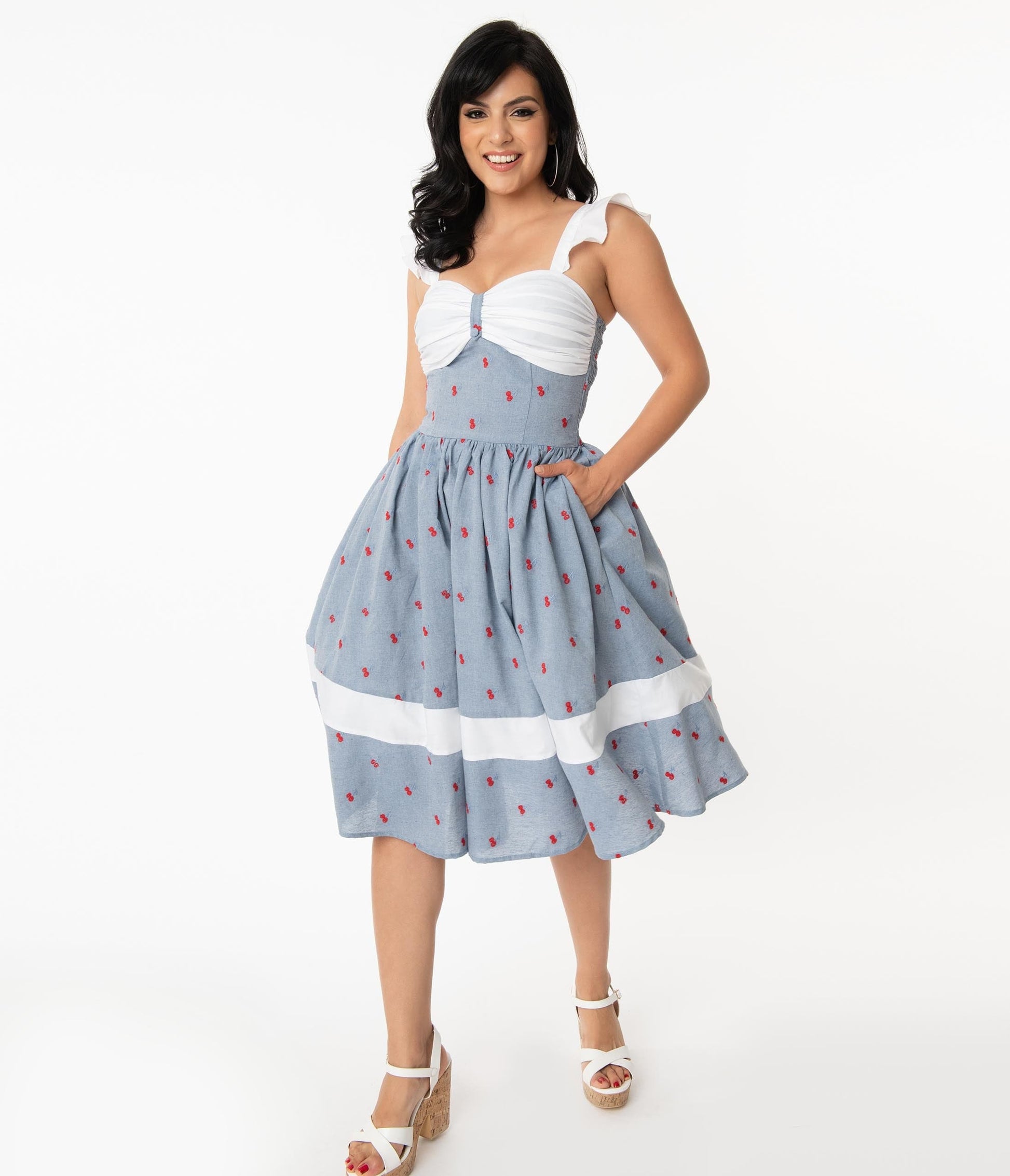1950s Unique Vintage Chambray & Cherry Print Lola Swing Dress