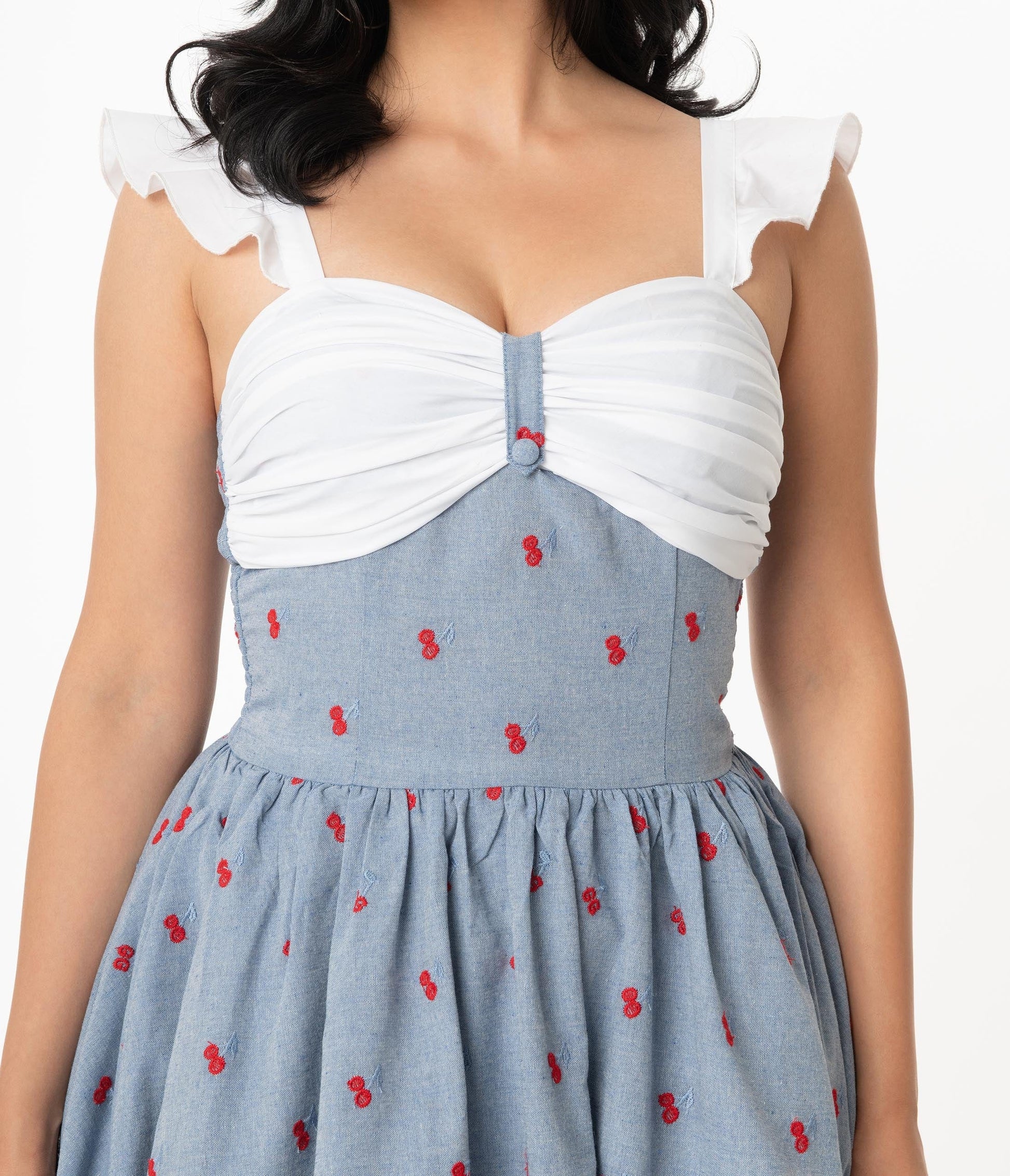 1950s Unique Vintage Chambray & Cherry Print Lola Swing Dress