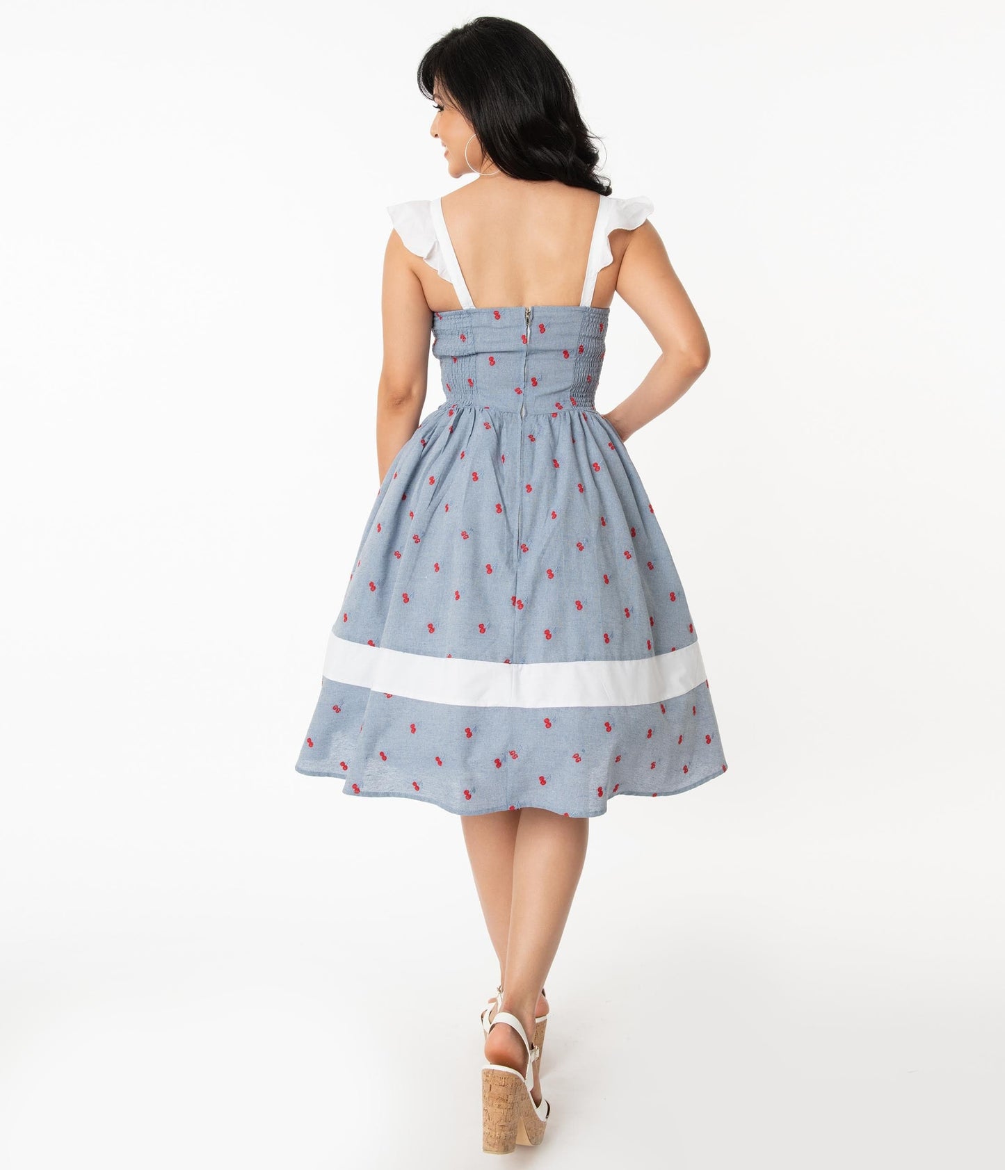 1950s Unique Vintage Chambray & Cherry Print Lola Swing Dress