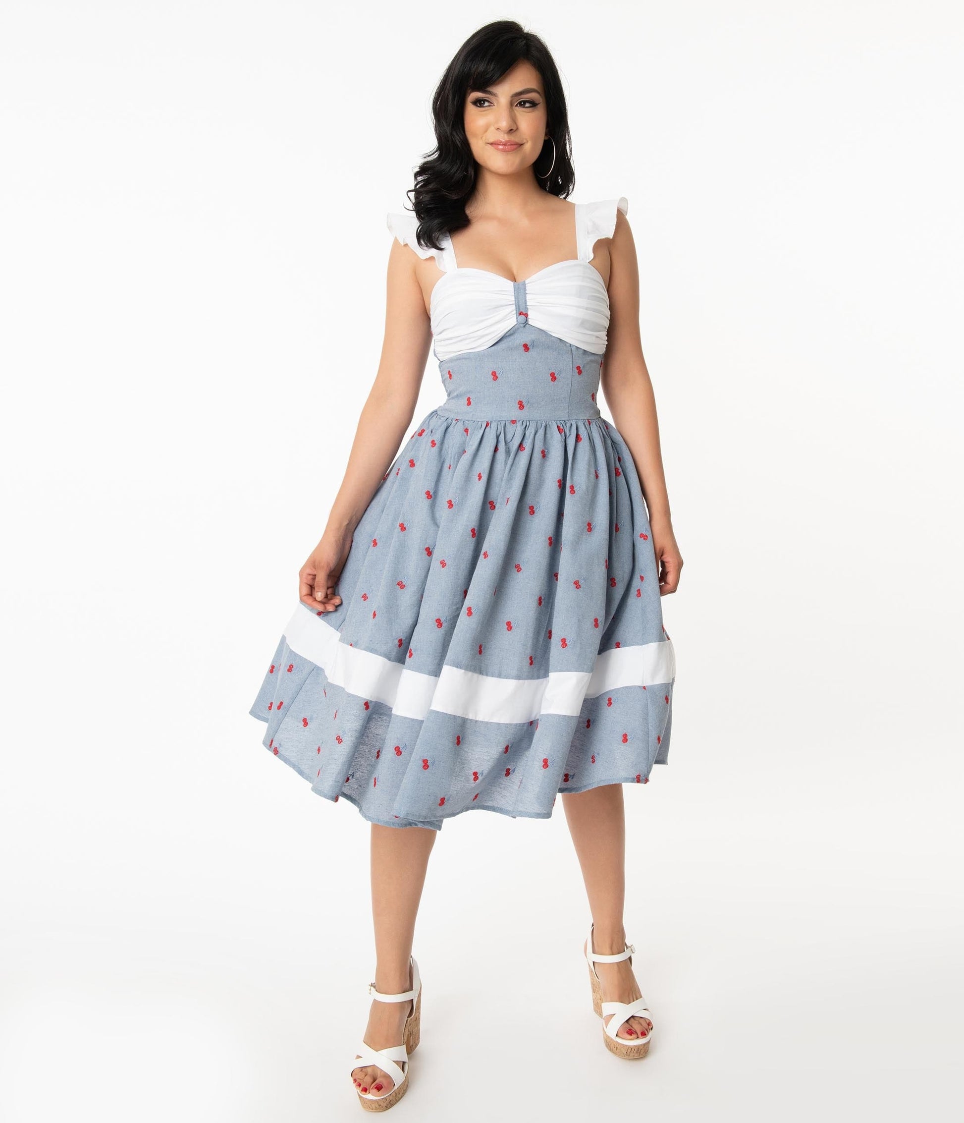 1950s Unique Vintage Chambray & Cherry Print Lola Swing Dress