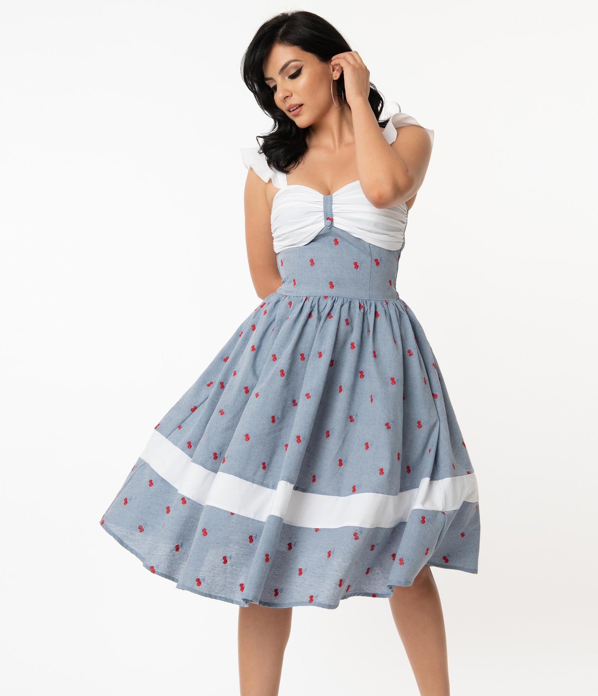 1950s Unique Vintage Chambray & Cherry Print Lola Swing Dress